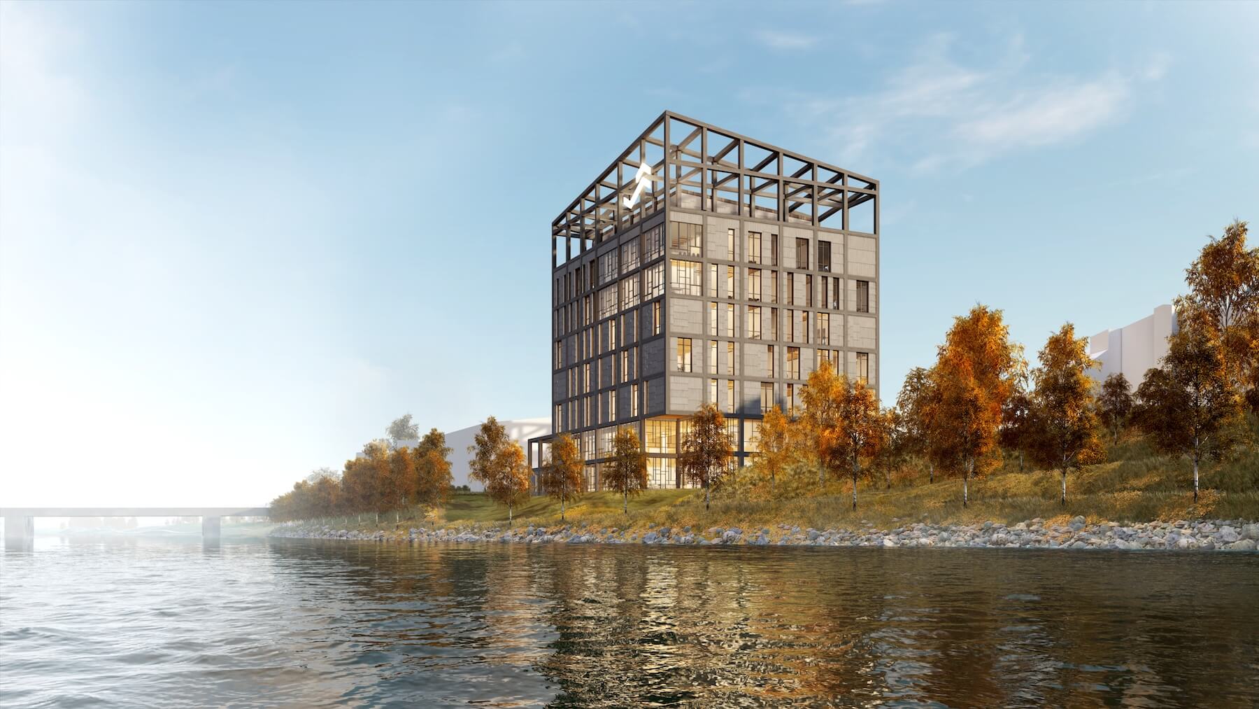 ACE Powerhouse exterior by the waterfront, Skellefteå — innovation and electrification centre, interior architecture by Interesting Times Gang