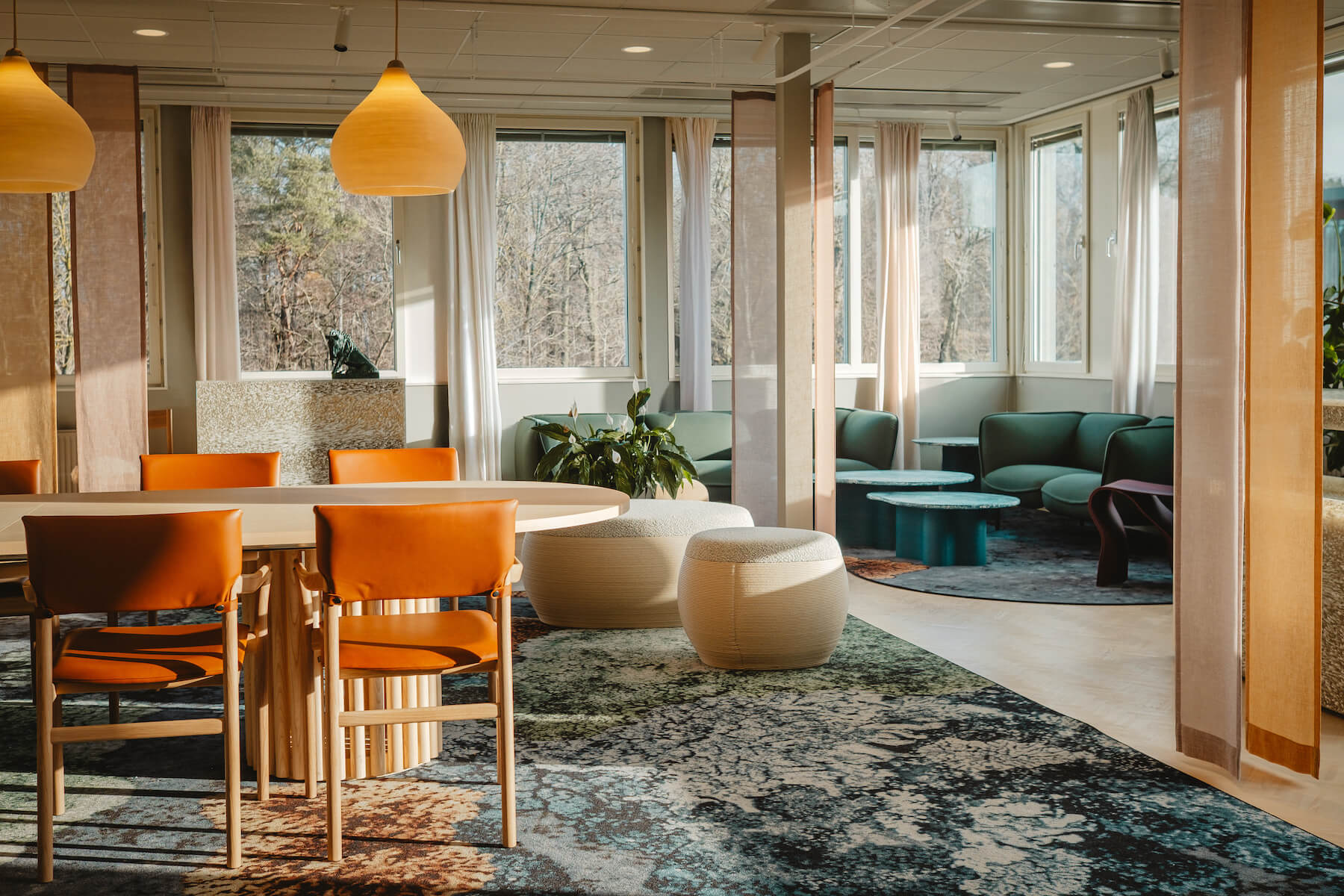 Gläntan social space overview, Fabege HQ Stockholm — circular workplace interior by Interesting Times Gang